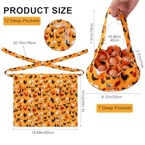 Egg Collecting Apron and Basket, 12 Pouches Chicken Egg Apron, 7 Pouches Chicken Eggs Basket, Collector Chicken Eggs - color: Yellow Black Chicken, Half-body