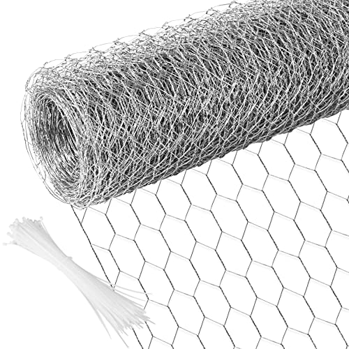 Chicken Wire 13.7 in x 590.5 in Poultry Wire Netting Hexagonal Galvanized Mesh Garden Fence Barrier for Pet Rabbit Chicken Fencing with 100 Pcs Cable Zip Ties - color: Silver, size: 13.7"x590.5"+100Ties
