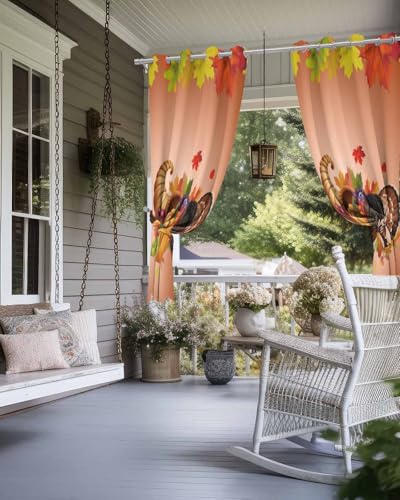 Outdoor Curtain for Patio, Orange Pumpkin Fall Waterproof Blackout Curtain for Porch/Pergola/Gazebo, Thanksgiving Botanical Turkey Thermal Insulated Drapes for Cabana, 2 Panels, 54 x 108 Inch - size: 54"W x 108"L (Pack of 2)