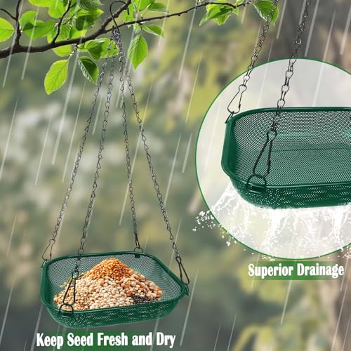 Hanging Platform Bird Feeder, 11 in Square, Green | Stainless Steel Mesh Seed Tray, Backyard & Patio, Outdoor Use - color: Green - Square