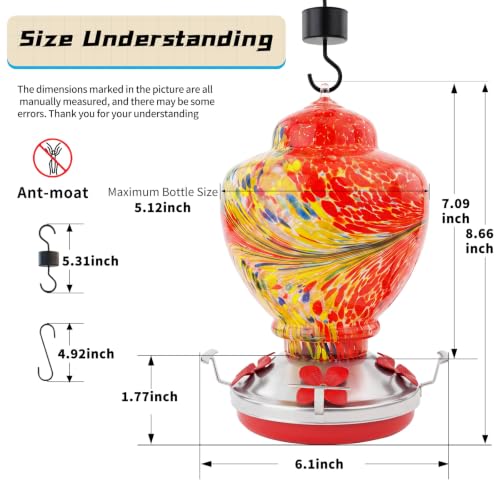 Hummingbird Feeder Colorful Blown Glass Outdoor Hummingbird Feeder with Ant Moat and 5 Feeding Ports for Outdoors Hanging Garden Decor, Bird Lovers (Red) - color: Red-Phoenix