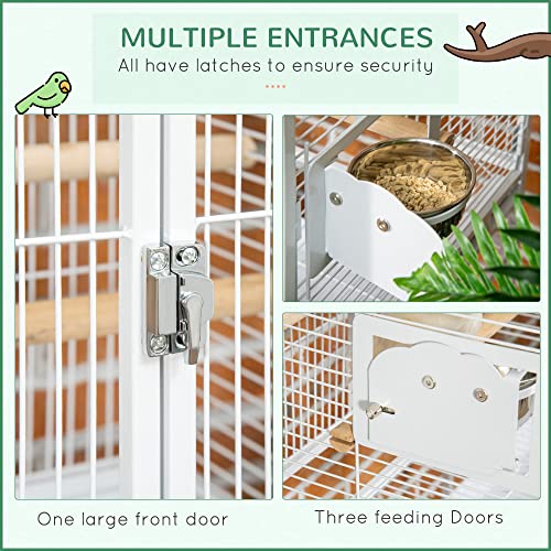 PawHut 55" Large Parrot Cage with Toy Hooks Above Top Bird Perch, Tray, Food Cups, Rolling Stand, Bird Cage for Cockatiels, Parakeets, Lovebirds | Above Top Bird Perch, Rolling Stand, for Cockatiels, Parakeets, Lovebirds