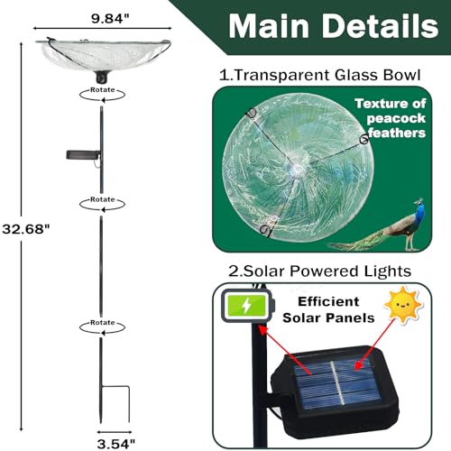 Bird Bath for Outdoors Solar Powered Glass Bird Bath Bowl with Metal Stake for Yard Lawn Garden Decorations, Transparent