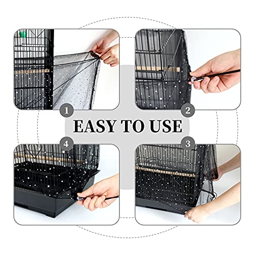 Daoeny 2Pcs Adjustable Bird Cage Cover, Upgraded Airy Nylon Mesh Parrot Net with Sequins, Universal Seed Feather Catcher, Soft Birdcage Cover Skirt Sheer Guard for Parakeet Macaw Round Square Cages - color: Upgraded Sequined, size: 78.7 x 15.7 inch