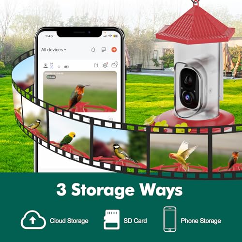 Smart Hummingbird Feeder with Camera, Wireless Bird Feeders | Solar Powered, AI Recognition, Instant Notifications, Feeder for Outdoor, Ideal Gift for Bird Lovers - color: Red
