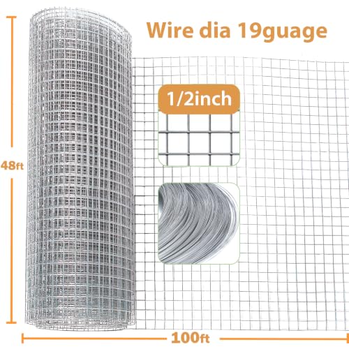 Hardware Cloth 48" x 100ft 1/2" Mesh, Chicken Wire Fencing 19 Gauge, Galvanized Rust-Resistant, Poultry Animal Netting for Chicken Coops, Protective Barriers, Garden Fencing (Gloves Included) - size: 1/2" 48" x 100ft 16Ga
