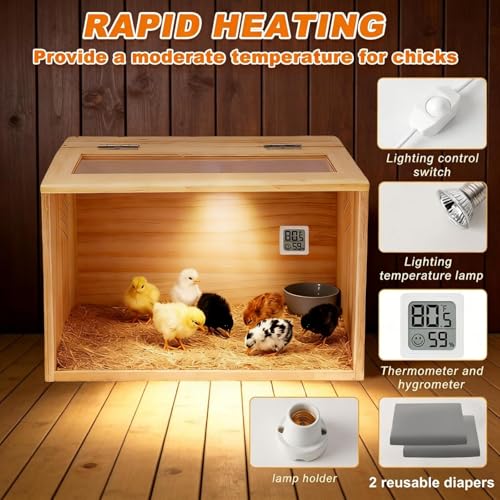 Chicken Brooder Box for Chicks & Quail,Pine Wood.16 Lx12 Wx12 H, Ducks,Chicken Coop,Quail cage,2 Washable Liners,Adjustable Temperature Control.