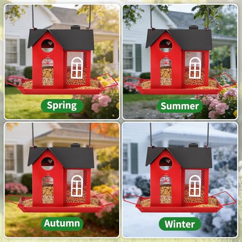 Solar Bird Feeder for Outdoors - Red Metal Hanging Bird Feeder with Solar Light, Decorative for Wild Cardinals, Finches, Weatherproof Backyard Garden Decor Ideal Gift for Women Mom Grandma - color: Red