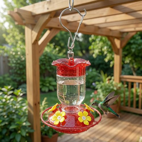 Hummingbird Feeders for Outdoors 2 Pack 12oz Plastic Leakproof | Wide Mouth Easy Clean, Clear Bottle, 5 Feeding Ports, Detachable Base, Weatherproof Hook, Compact for Small Yards