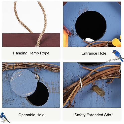 Blue Wooden Hanging Bird House Feeder for Outside Garden Wild Birds | Decorative blue wooden hanging birdhouse feeder nest box for outdoor garden, hummingbird cardinal bluebird bird lovers gift