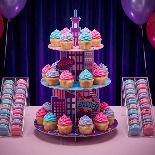 3 Tier Spider Cupcake Stand Decoration Pink Spider Web Cupcake Tower Purple Blue Spiderweb Table Decoration Cityscape Dessert Holder Table Display for Birthday Party Baby Shower Supplies - style: Faddish
