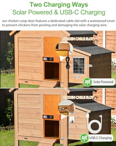 Automatic Chicken Coop Door Solar Powered/USB Charging, 14.3″ x 10.9″ | Orange Auto Chicken Door with Secure Hidden Cable Slot, Anti-Pinch & Aluminum Alloy, LCD Timer & Remote Control,