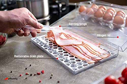 Pikanty Bacon Container for Refrigerator with Tongs & Drain Tray — Airtight Deli Meat Keeper, Cheese & Cold Cuts Storage, Dishwasher & Freezer Safe, Made in USA - style: Bacon Keeper