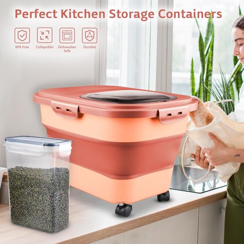 Rice Storage Containers, Collapsible 20 to 30Lbs Food Storage Bin Dispenser with Rolling Wheel and Clear Airtight Lid, BPA Free Flour, Sugar, Cereal and Dog Cat Pet food Containers - color: Pink