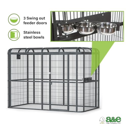 A&E Cage Co WI11062 Walk-in Bird Aviary for Macaws, 110"x62"x79" Black | 69"x25" Locking Front Door, 3 Swing-Out Feeder Doors, Stainless Steel Bowls, Powder-Coated Steel for Large Parrots - size: 110.0"L x 62.0"W x 79.0"H