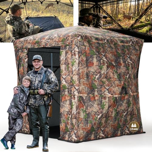 Hunting Blind 270 Degree See Through Ground Blind - 2-3 & 3-4 Person Pop Up Deer Blind for Hunting with Carrying Bag - 300D Reinforced Portable Durable Blind for Turkey and Deer - size: 1-2 Person(270° See Through)