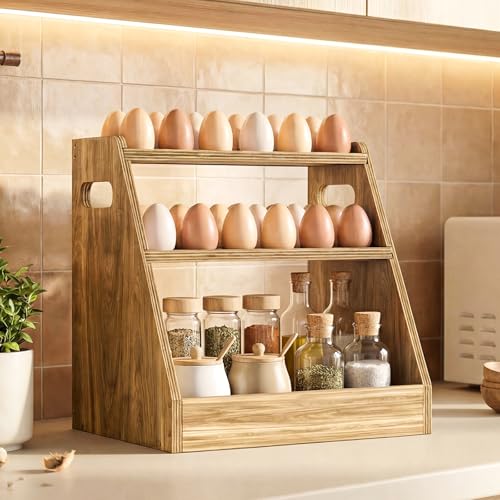 3-Tier Wood Egg Holder, Egg Holder Countertop with Basket, Wooden Egg Basket with Handle Holds 70-80 Fresh Eggs for Kitchen, Farm Gathering