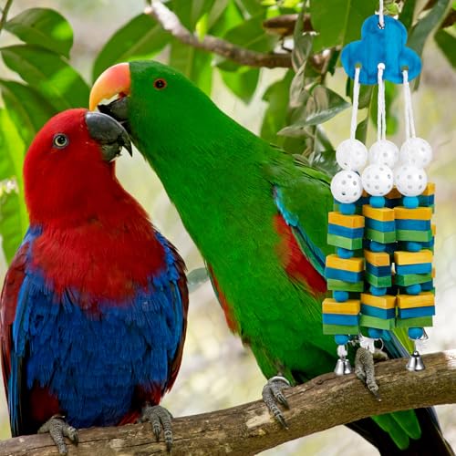 Seenelling 3 Pcs Extra Large Bird Toys for Parrots, Blue Block | Multicolored Natural Wooden Blocks & Beads Bells, Bird Cage Chewing Toys for Large Medium Macaws African Grey Cockatoos - style: Blue Block