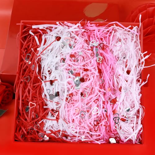 FOIMAS Valentine's Day Shreded Craft Paper Filler,11.6oz Red Pink Raffia Paper Grass with Heart Confetti for Gift Box Filler Basket Stuffer Valentine's Day Packaging Supply - color: Pink Red White