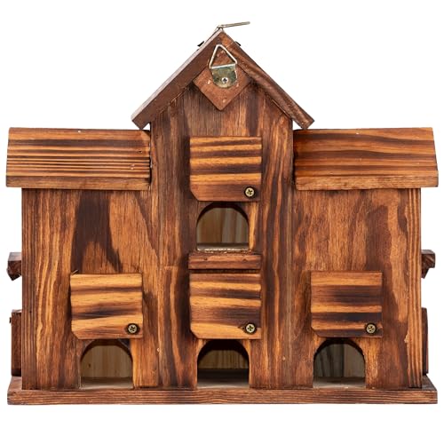 MIXUMON Bird House Outdoor, 6-Room Wooden Birdhouse for Outdoors & Outside, Carbonized Pine Wood Bird Houses with 1.57” Entrance & Easy Clean-Out Doors