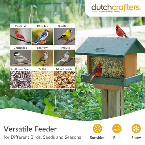 DutchCrafters Poly Large Hopper Bird Feeder Post Mount for 4" x 4", Wild Songbird Bird Seed Feeder for Outdoor, Outside, Garden, Yard - Amish Made in USA (Post Mount, Tudor Brown & Weatherwood) - color: Tudor Brown & Weatherwood, style: Post Mount
