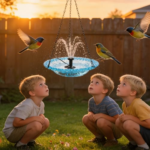 Hanging Bird Bath Fountain, Cascading Outdoor Water Fountain, Hanging Bird Bath with Flowing Water, USB-Powered Water Feature for Garden, Patio, Yard Decor, USB-Powered Single-Layer, Blue