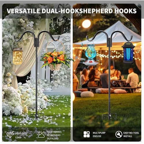 Garden Double Shepherds Hook 82 Inch Adjustable Bird Feeder Pole with 5 Prongs Base Heavy Duty Rustproof Shepards Hooks for Outdoor Hummingbird Feeder Stand, Solar Lights, Lanterns
