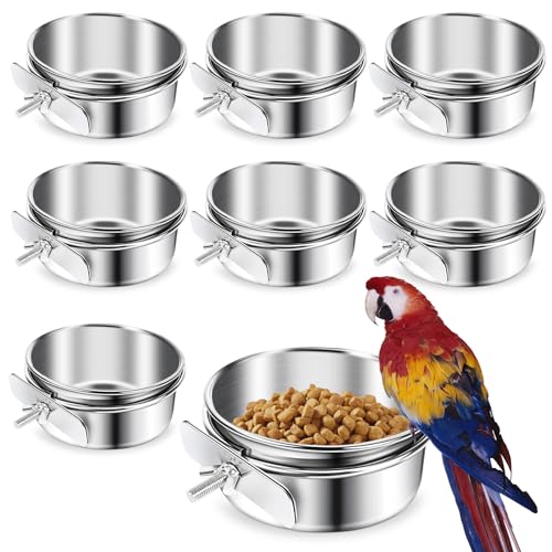 ToLanbbt 8 Pcs Stainless Steel Bird Food Bowls Bird Water Bowls with Clamp Holder, Parrot Feeding Dish Cups Parrot Cage Coop Feeders for Cockatiel Conure Budgie Parakeet Macaw Lovebird Small Animal, S - size: Small
