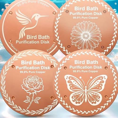 OICEME Bird Bath Purification Disk Pure Copper Outdoor Winter Solar Power Birdbath Deicer Cage Hanging Bowl Metal Warmer Deck Railing Glass Concrete Ceramic Stone Stand Water Flowers - color: Copper 4PCS Bird&Butterfly&Daisy&Rose
