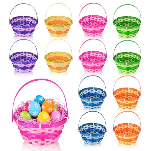 12 Pcs Easter Bamboo Baskets Woven Goodie Baskets with Handle for Easter Egg Hunt, Wicker Woven Candy Toys Storage Baskets for Picnic,DIY Crafts, Spring Decor, Party Favors Decor(12)