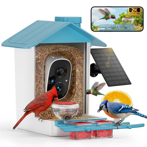 Bird Feeder with Camera 2K HD AI Smart Identify BirdSpecies Solar Panel Outdoors Birdhouse with Cam, Instant Arrival Alerts, Capture BirdVideo, Gifts for Mom Dad - color: Blue