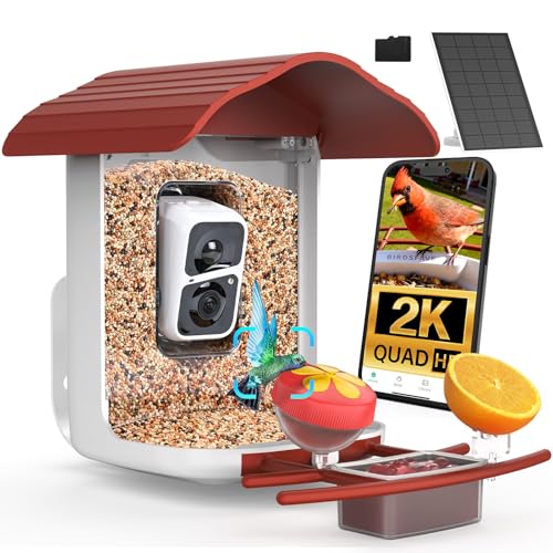 birdsnap® PAV Bird Feeder with Camera Solar Powered 2K Live Video 64GB Card | AI Bird Species Identification, Instant Arrival Alerts, IP65 Waterproof, Wild Bird Feeders for Outdoors, Gift for Bird Lovers - color: Red