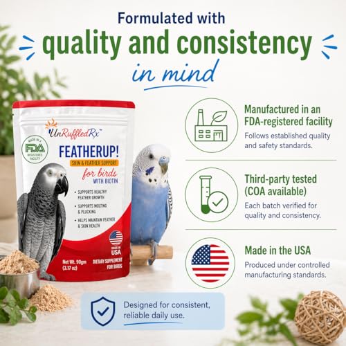 FeatherUp! Bird Molting Support & Feather Growth Supplement - for Plucking, Regrowth & Molt - Multivitamin & Amino Acids for All Birds - 90g (240 Servings)