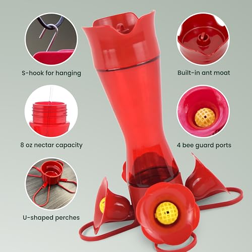 Perky-Pet Red Pinch-Waist Plastic Hummingbird Feeder, 8 oz Capacity | Built-in Bee Guards and Ant Moat for Outdoor Bird Feeding Station and Backyard Wildlife, Hummingbird Feeders for Outdoors - size: No Size