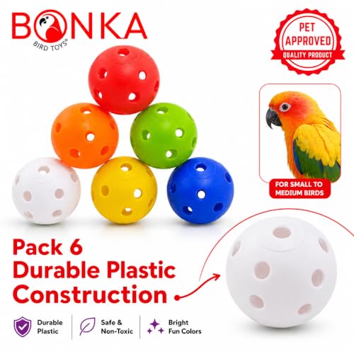 Bonka Bird Toys 2831 Pack of 6 Small Colored Plastic Balls 1.5" Diameter Durable Plastic Foraging and Foot Talon Toys for Extra Small Small Medium Birds DIY Bird Toy Parts