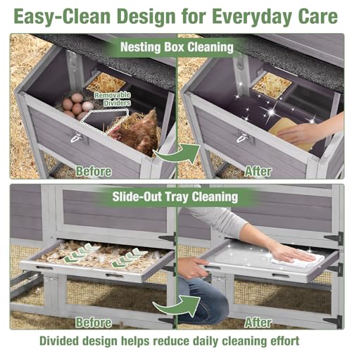Mobile Chicken Coop with Wheels for 4-6 Chickens, Large Outdoor Hen House with Run, Weatherproof Asphalt Roof, Sectionable Nesting Box & Pull-Out Tray, 82.4" L x 25.8" W x 44.1" H - Grey - size: 82.4"L x 25.8"W x 44.1"H