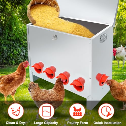 RYFT 85 Pounds Automatic Chicken Feeder 6-Port, Large Capacity Galvanized Metal Fed Chicken with Latch & Handle for Chickens, Pheasants, Bantams Poultry Coop Weatherproof Chicken Feeder