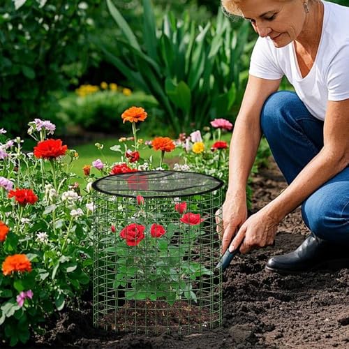 Plant Protector from Animals with Detachable Covers - 4 Pack 16”x 16" Wire Cage Cloches with Ground Stakes and Tools for Protecting Vegetable, Flower, Seedling