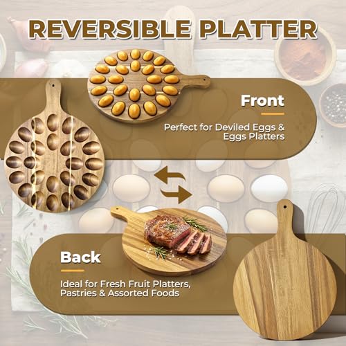 Wooden Deviled Egg Platter, Reversible 24-Hole Charcuterie Board Tray | Charcuterie serving board, food safe egg holder, perfect for kitchen countertop, parties, holiday gatherings, holds 24 eggs. - size: 24 holes