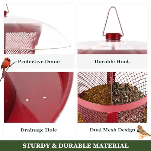 Kingsyard Rain-Resistant Metal Mesh Bird Feeder for Outdoor Hanging | Large Clear Dome, Top-Fill Design, Weather-Resistant Metal, Dual Mesh for Different Seeds, Easy to Clean - color: Red