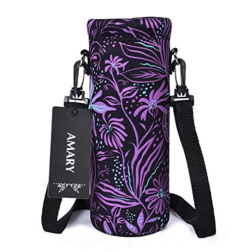 AMARY 500ML Neoprene Water Bottle Carrier Bag with Adjustable Shoulder Strap,Insulated Water Bottle Cover for Stainless Steel/Glass/Plastic Bottles 16.9OZ (Flowers-2) - color: Flowers-2
