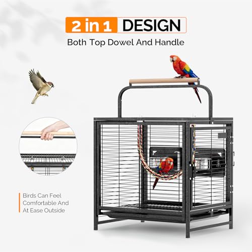 VINGLI Small Bird Cage, 19 inch Travel Carrier Bird Cage with Handle, Wrought Iron Parakeet Cage with Wooden Perch for Parrot Lovebirds Finches Small/Medium Birds (Hammertone Black) - color: Hammertone Black