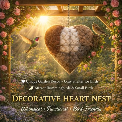 Handmade Fiber Bird Nesting Heart,Birds Nests Material Holder,Refillable Bird Haven Heart-Shaped Hummingbird Nest with Nesting Material,Winter Tree Shelter for Wild Bird,Gift for Hummingbird Lover,1PC