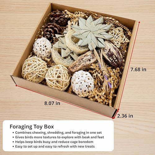 Parrot Foraging Shredding Chew Toys Natural Materials, Interactive Foraging for Birds, Tearing Chewing Bird Set, Enrichment Shredding Box for Parakeets Cockatiels Conures, Parrot Accessories (Natural)