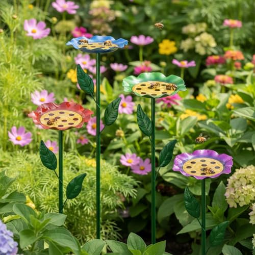 dreamysoul 4 Pack Bee Watering Station, Colorful Metal Bee Bath with Flower Design for Garden Yard - color: Colorful-a