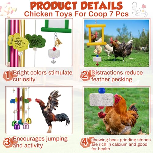 VioraWhite 7 Pcs Chicken Toys, Hanging Chicken Wind Chime, 2 Pcs Coop Mirror Toys with Bells 4 Pack Beak Grinding Stones, Musical Coop Accessories for Hens Roosters Chicks Poultry Birds(Yellow，Green) - color: Yellow，green