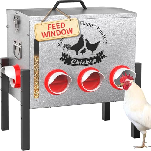 10-Gal Metal Automatic Chicken Feeder with 8 Feeding Ports | 55LB Capacity, Anti-Waste Design, Rust-Proof Alloy Steel, Clear Viewing Window, 3-Level Legs for Outdoor Chicken Coops - size: 10GAL-55LB