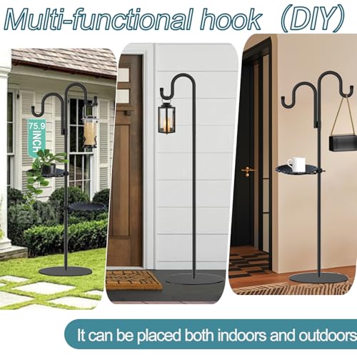 Upgraded 74" Shepherd's Hook Stand plant，Bird Feeder，Wind Chime Hanger Stand, Waterproof Metal & Adjustable-Height Standing Pole Holder for Lantern and Wreath, Indoor & Outdoor（2 Placement Racks)