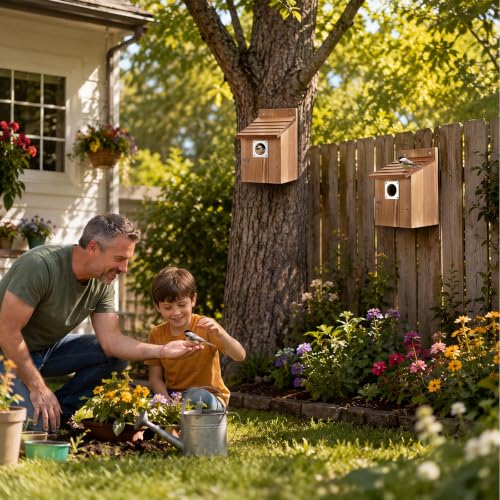 Dreyoo 4 Pack Bluebird Houses for Outside with Metal Predator Guard, 1-1/2" Entrance Hole Wooden Blue Bird Houses for Outdoors, Bluebird Nesting Box(Burnt Wood) - color: Burnt Wood
