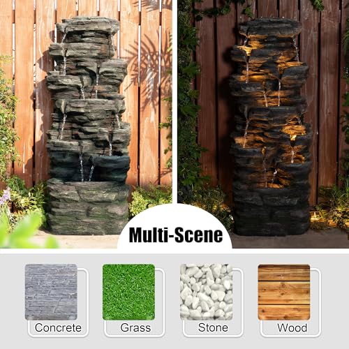 Glitzhome Outdoor Water Fountain, 9-Tiered Rock Floor Fountain with Cascading Water, 39.25" H Polyresin Waterfall Fountain with Pump and LED Light Outdoor Water Feature for Garden Yard Patio Porch - color: 9-tiered Rock